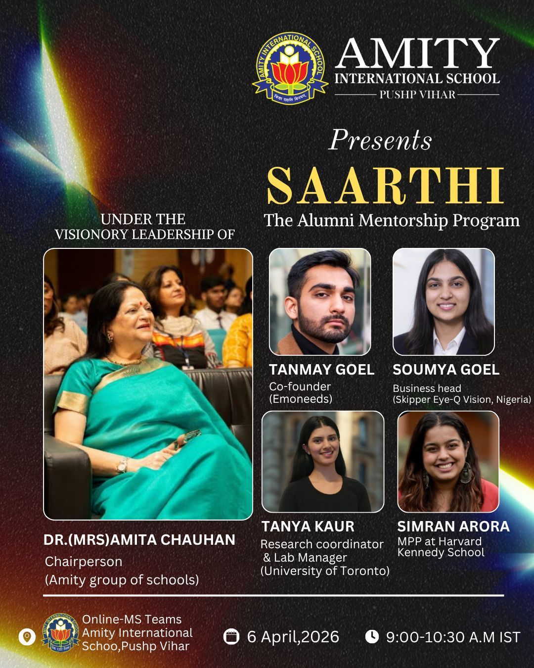 Poster for SAARTHI, the alumni mentorship program at Amity International School